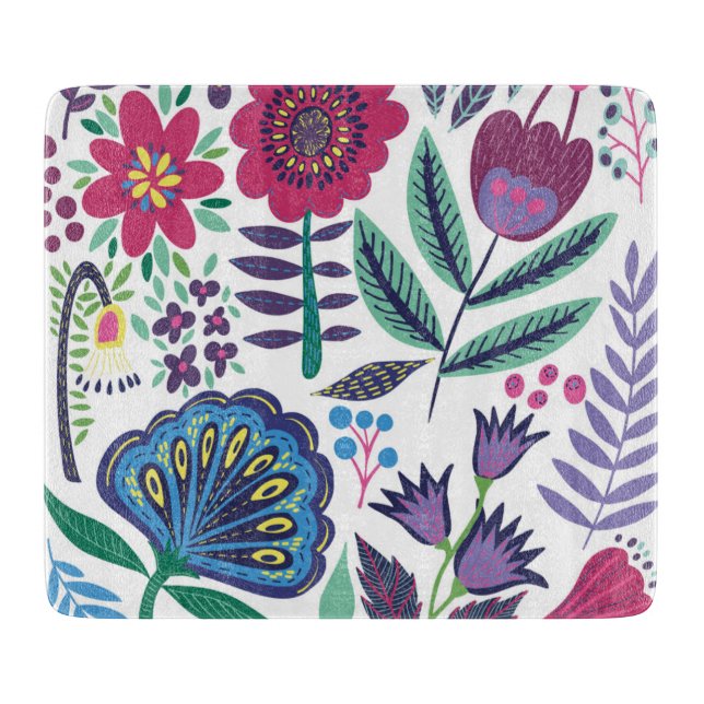 Magenta Folk Art Floral Pattern Cutting Board (Front)