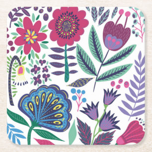 Magenta Folk Art Floral Pattern Square Paper Coaster