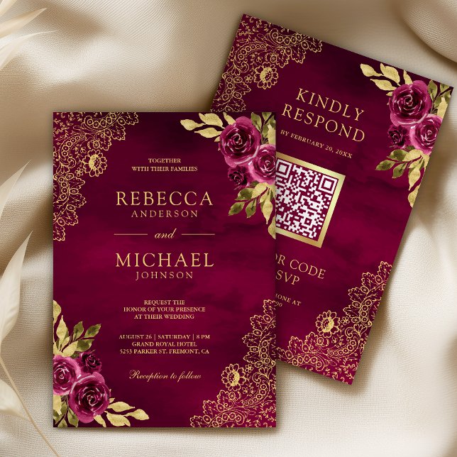 Magenta Fuchsia Floral Gold Lace QR Code Wedding Invitation (Creator Uploaded)