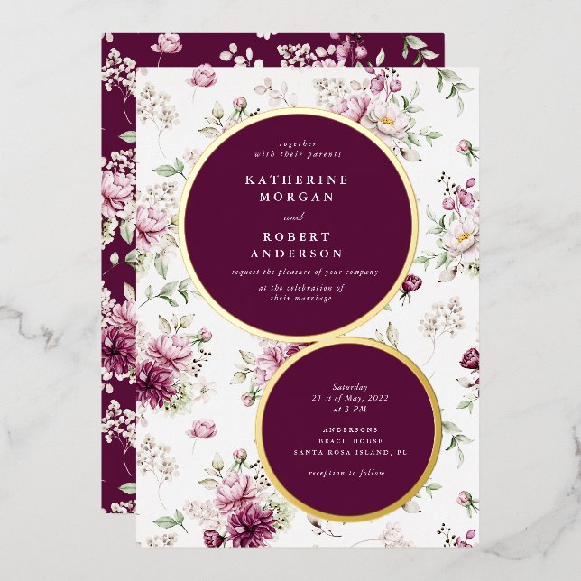 magenta garden floral wedding invitation foil invi (Front/Back)