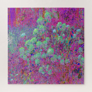 Magenta Garden with Aqua Hydrangea Flowers Jigsaw Puzzle