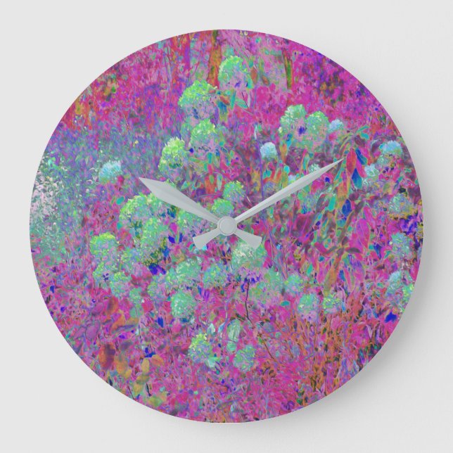 Magenta Garden with Aqua Hydrangea Flowers Large Clock (Front)
