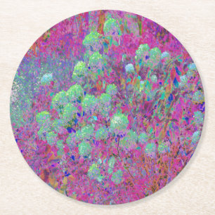 Magenta Garden with Aqua Hydrangea Flowers Round Paper Coaster