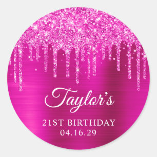 Magenta Glitter Drips Metallic 21st Birthday Classic Round Sticker