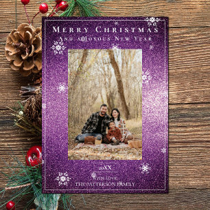 Magenta Glitter Snowflakes Holiday Photo Card