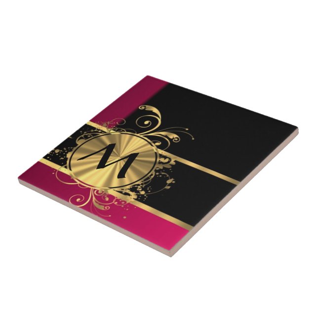 Magenta gold and black monogram ceramic tile (Side)