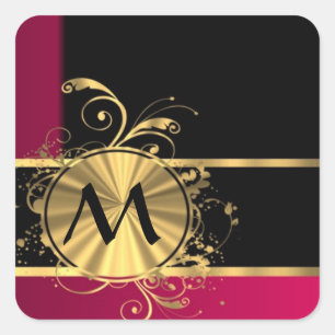 Magenta gold and black monogram square sticker