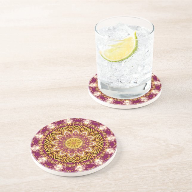 Magenta Gold Boho Rose Mandala Coaster (Side)