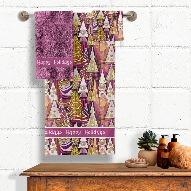 Magenta Gold Christmas Merry Pattern#25 ID1009 Bath Towel Set (Creator Uploaded)