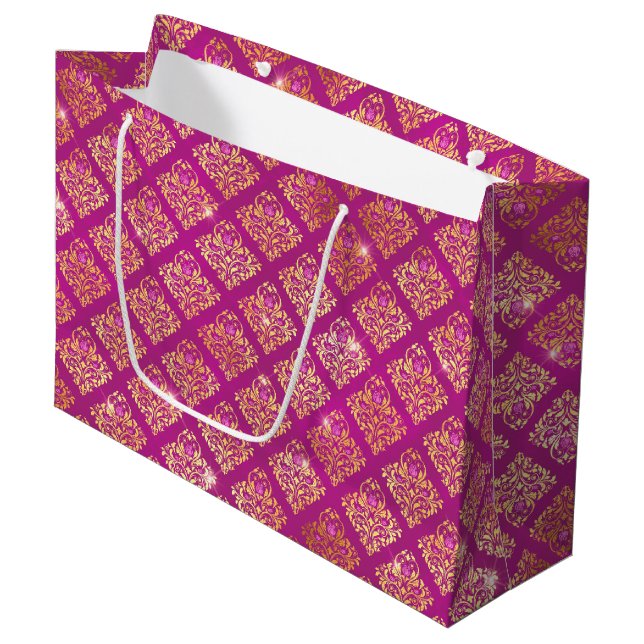 Magenta & Gold Damask Sparkle Pattern Large Gift Bag (Front Angled)