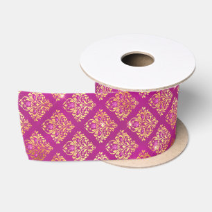 Magenta & Gold Damask Sparkle Pattern Satin Ribbon