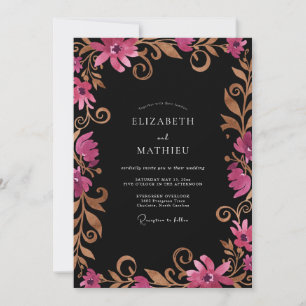 Magenta Gold Filigree Eucalyptus Wedding Invitation