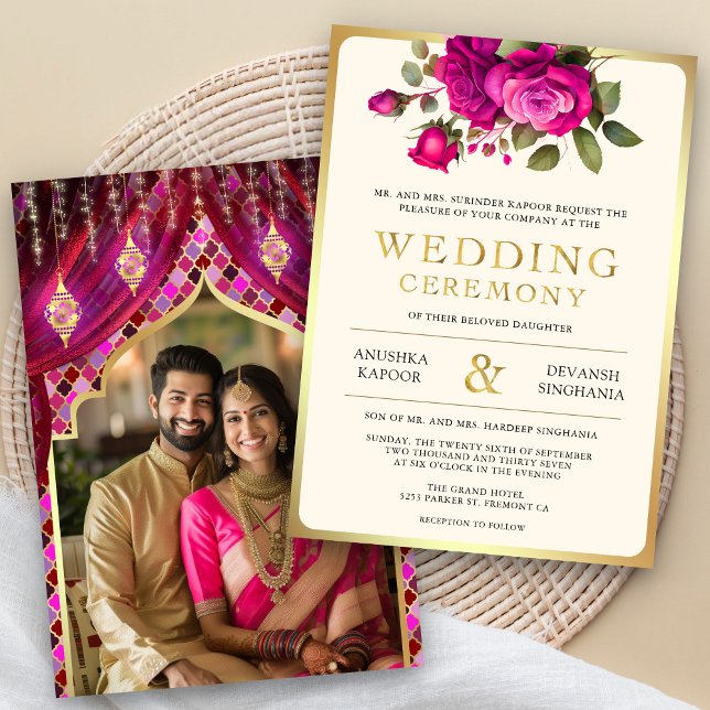Magenta Gold Floral Indian Hindu Photo Wedding Invitation (Creator Uploaded)