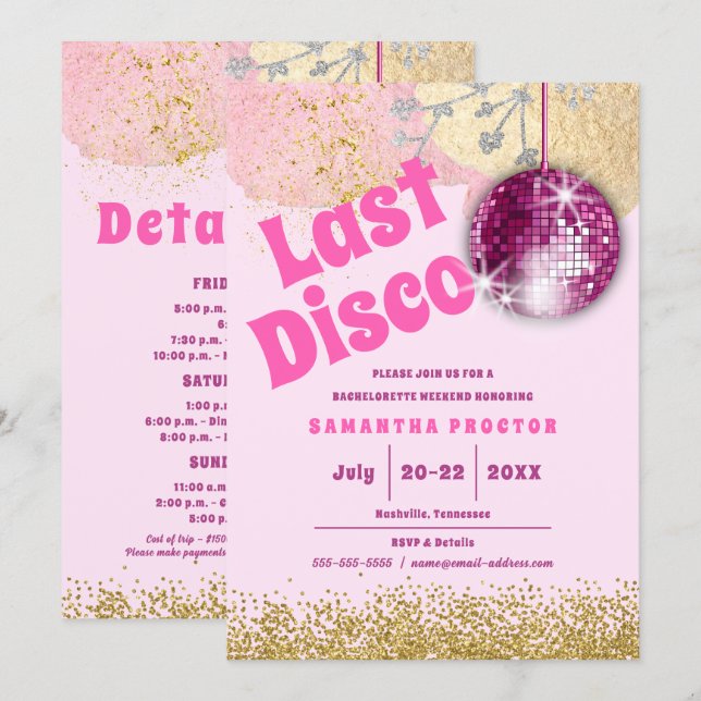 Magenta Gold Last Disco Retro Glam Bachelorette Invitation (Front/Back)
