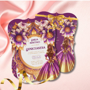 Magenta Gold Quinceañera Dress Princess Sweet16 Invitation