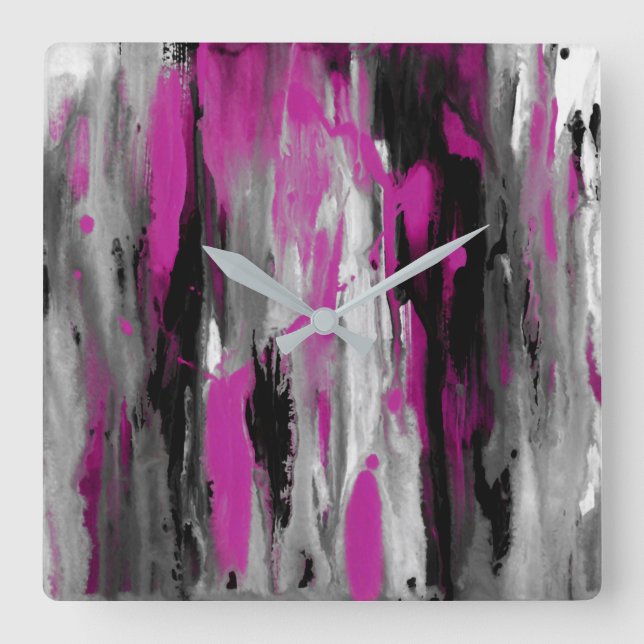 Magenta Grey Black and White Abstract Square Wall Clock (Front)