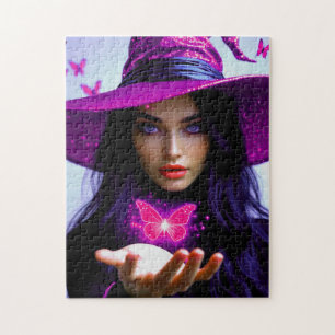 Magenta Halloween Magical Witch with butterlfies Jigsaw Puzzle