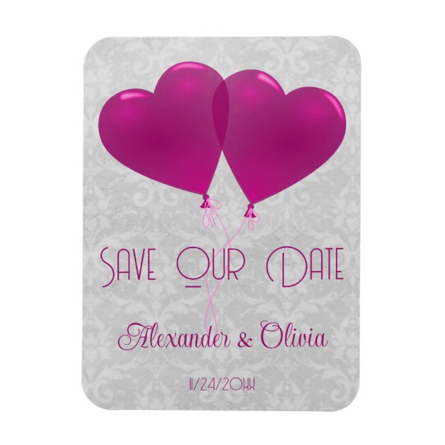 Magenta Heart Balloons Save The Date Magnet (Vertical)