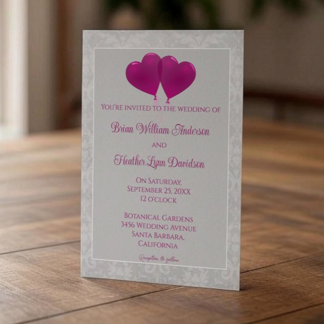 Magenta Heart Balloons Wedding Invitation (Magenta Heart Balloons Wedding Invitation)