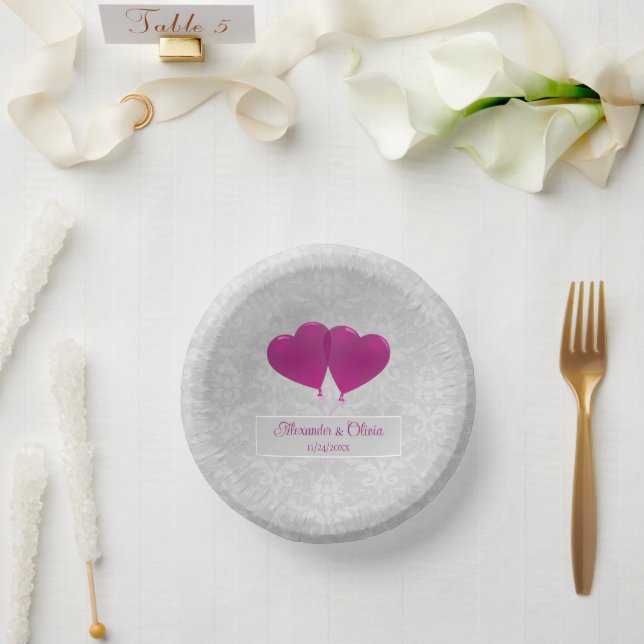Magenta Heart Balloons Wedding Paper Bowls Paper Plate (Wedding)