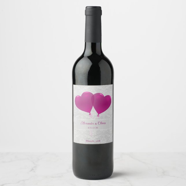 Magenta Heart Balloons Wedding Wine Label (Front)