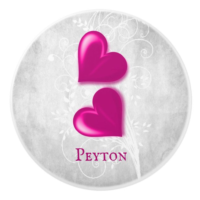 Magenta Hearts Personalised Ceramic Knob (Front)