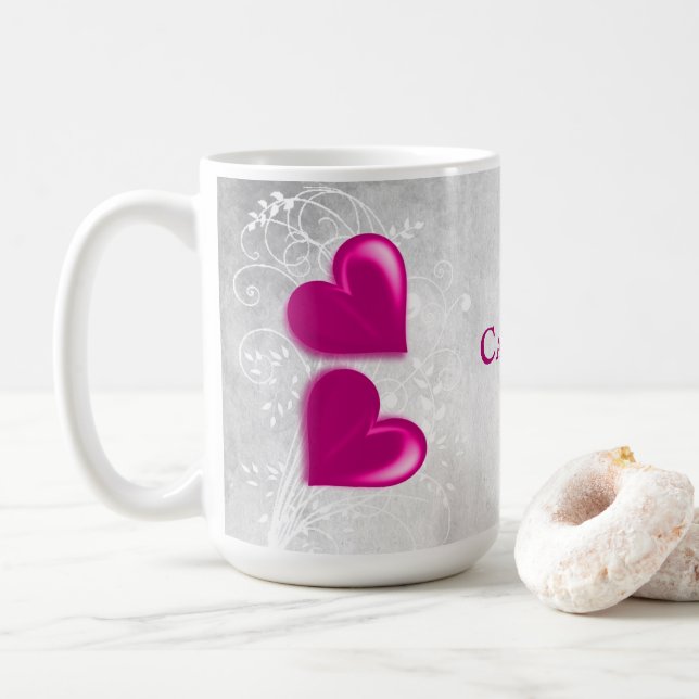 Magenta Hearts Personalised Coffee Mug (With Donut)