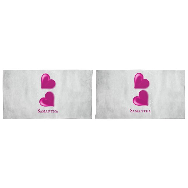 Magenta Hearts Personalised Pillow Case (Front-Set)