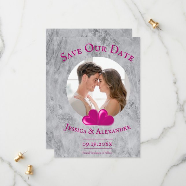 Magenta Hearts Photo Save The Date (Front/Back In Situ)