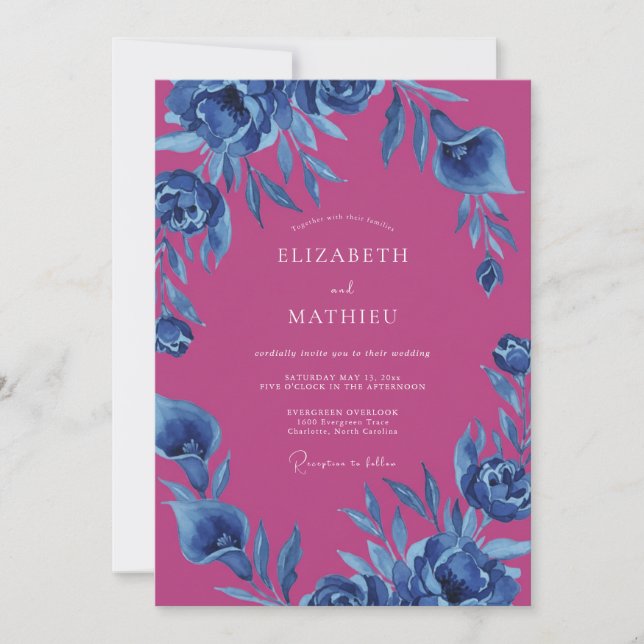 Magenta Indigo Blossom Wedding Invitation (Front)