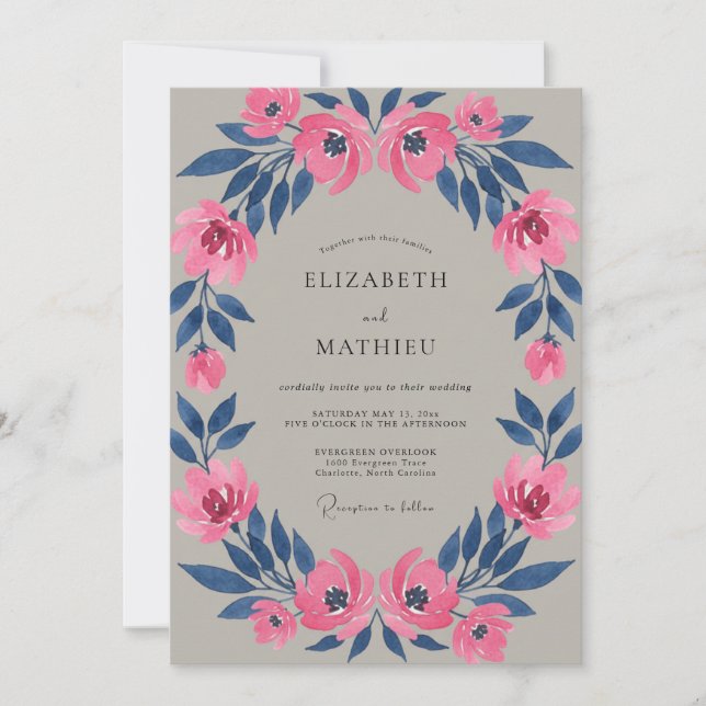 Magenta Indigo Petal Wedding Invitation (Front)