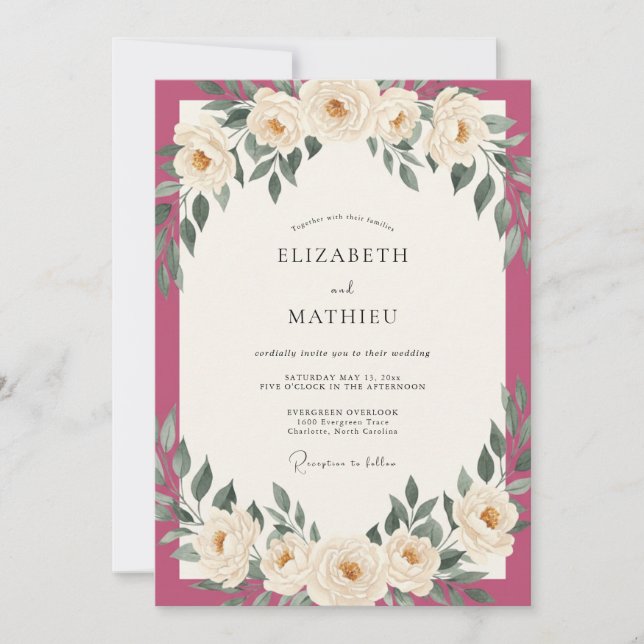 Magenta Ivory Leafy Wedding Invitation (Front)