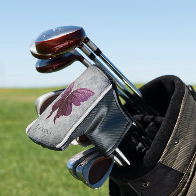 Magenta Jewelled Butterfly Golf Head Cover (In Situ)