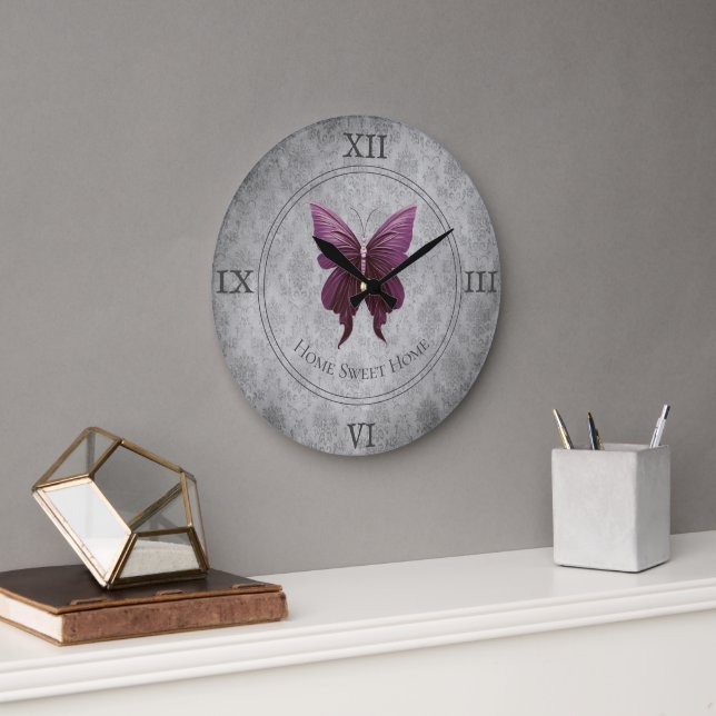 Magenta Jewelled Butterfly Large Clock (Office)