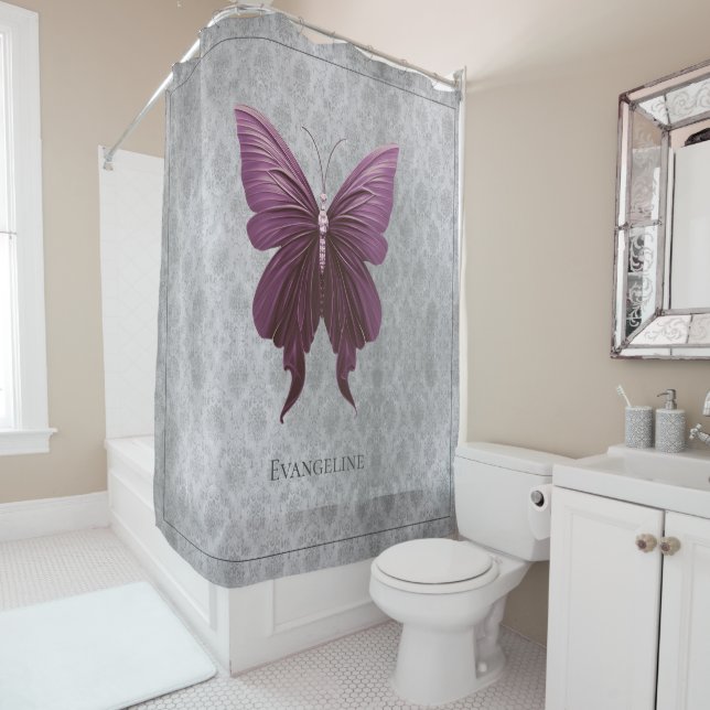 Magenta Jewelled Butterfly Shower Curtain (In Situ)