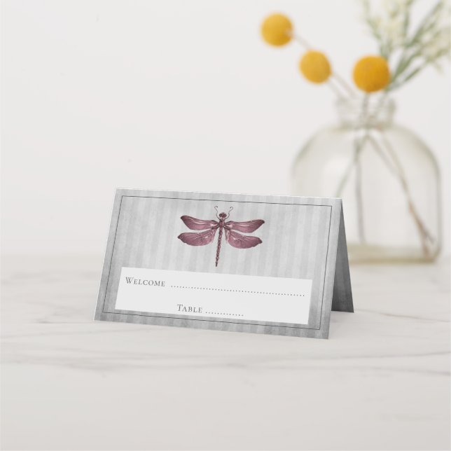 Magenta Jewelled Dragonfly Reception Place Card (Front)
