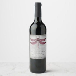 Magenta Jewelled Dragonfly Wedding Wine Label