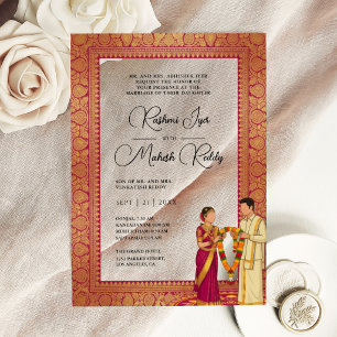 Magenta Kanjeevaram South Indian Couple Wedding Acrylic Invitations