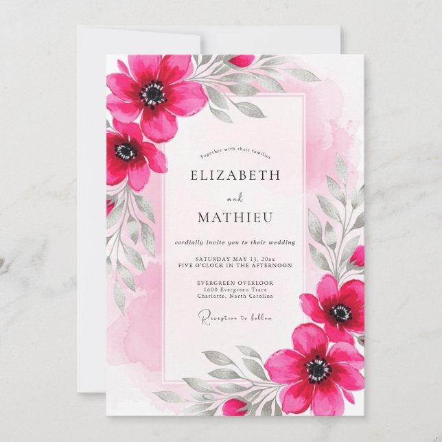 Magenta Luminous Botanical Wedding Invitation (Front)