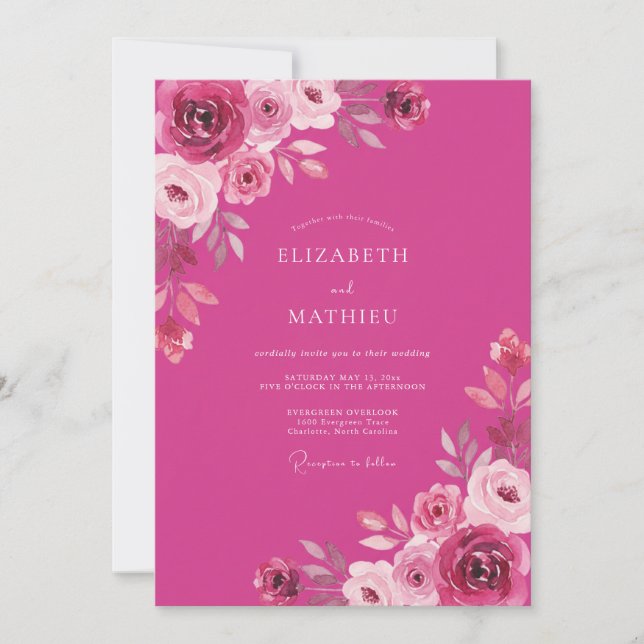 Magenta Lush Rose Romantic Wedding Invitation (Front)