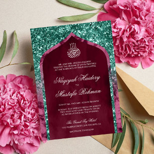 Magenta Marble Teal Glitter Arch Islamic Wedding Invitation