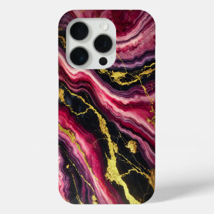 Magenta Marble with Gold and Black Streaks iPhone 15 Pro Case