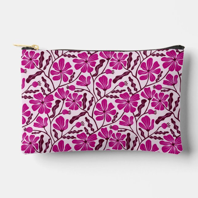 Magenta Mid-Century Modern Floral Pattern Accessory Pouch (Front)