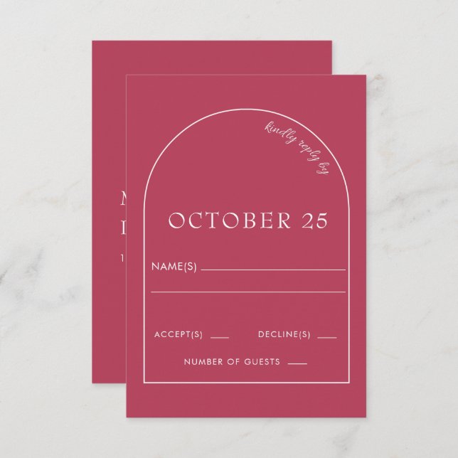 Magenta Minimalist Modern Arch Wedding RSVP Card (Front/Back)