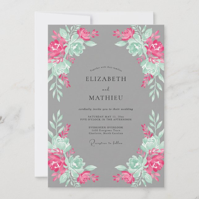 Magenta Mint Botanical Wedding Invitation (Front)