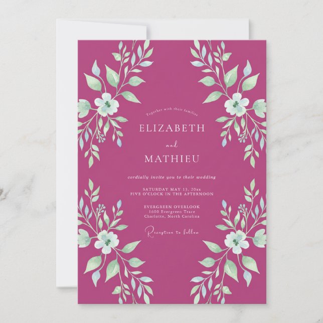 Magenta Mint Leafy Wedding Invitation (Front)