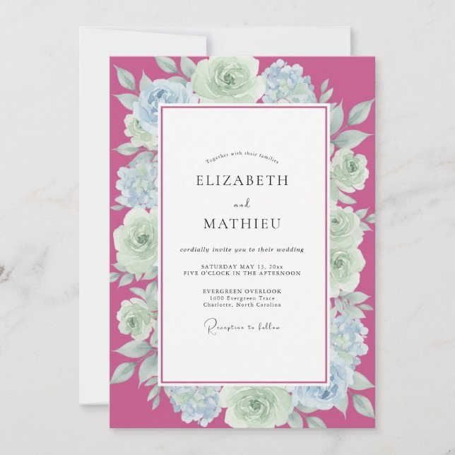 Magenta Mint Rose Wedding Invitation (Front)