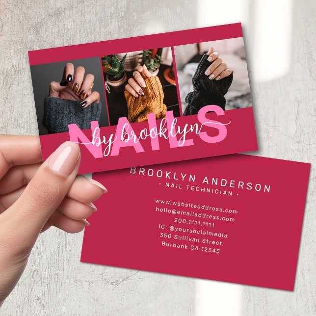 Magenta Modern Photo Typography Nail Artist Business Card (Creator Uploaded)