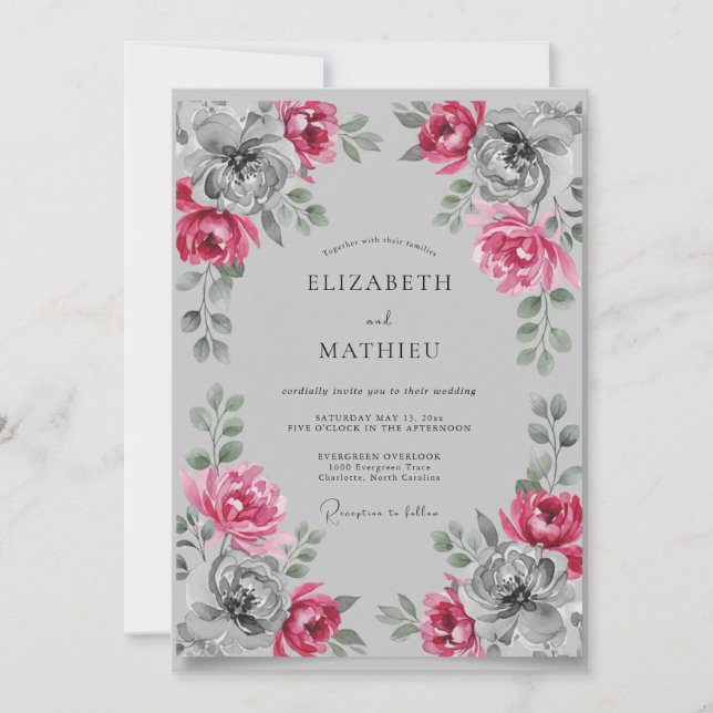 Magenta Moody Floral Wedding Invitation (Front)