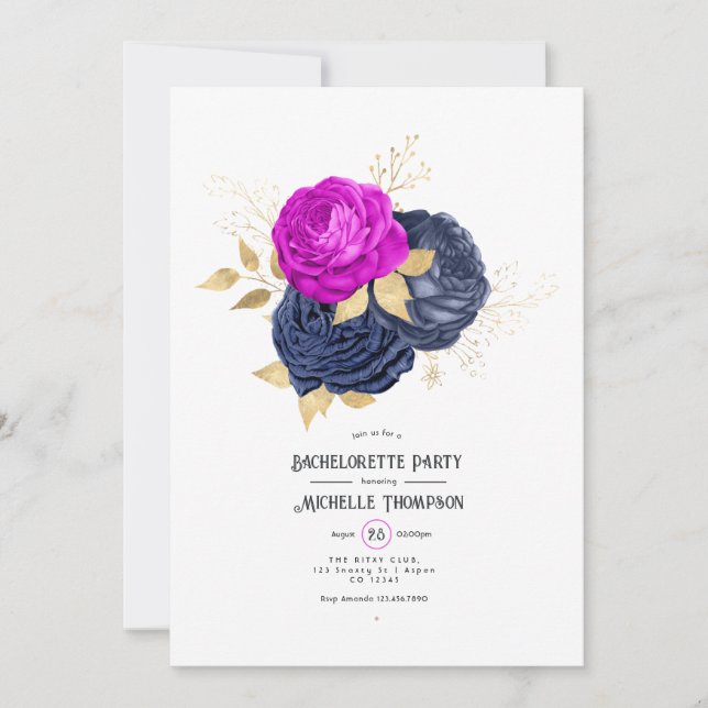 Magenta Navy and Gold Floral Bachelorette Party Invitation (Front)